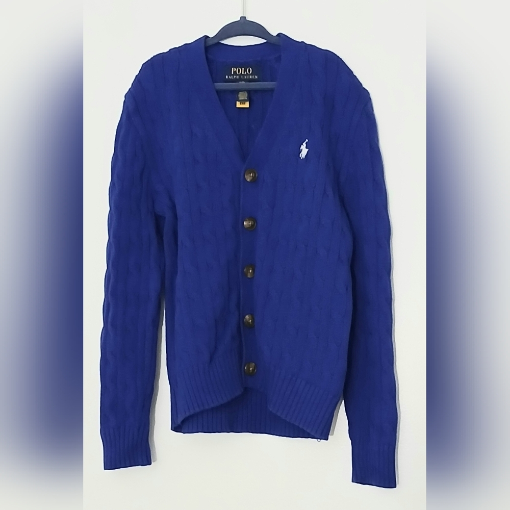 Polo Ralph Lauren Royal Blue Sweater Boys Size 8 Button Up Cable Knit Pre-owned